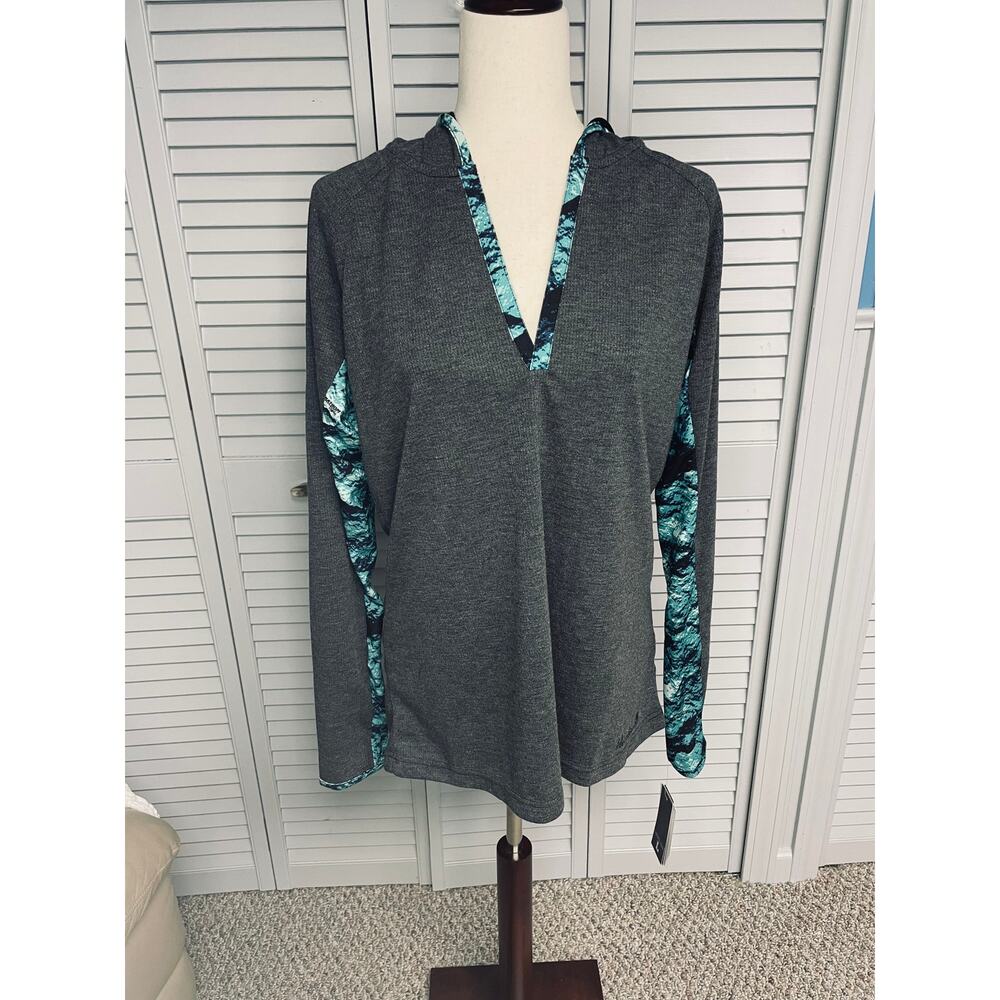 Huntworth black/phathom lagoon gray green hooded long sleeve athletic shirt larg